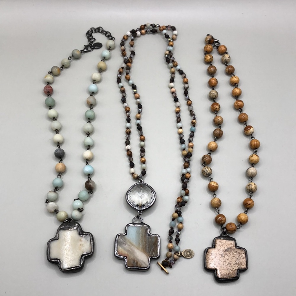 Curated bundle 3 stone gemstone beaded necklaces with stone cross pendants.